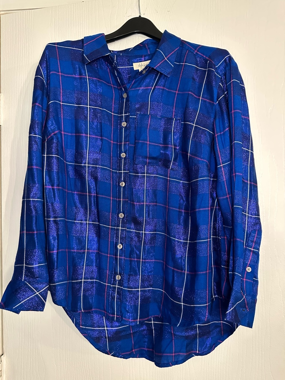 Women’s Style & Co Size Plus 0X Metallic Blue, Pink, White Plaid Button-Up Shirt